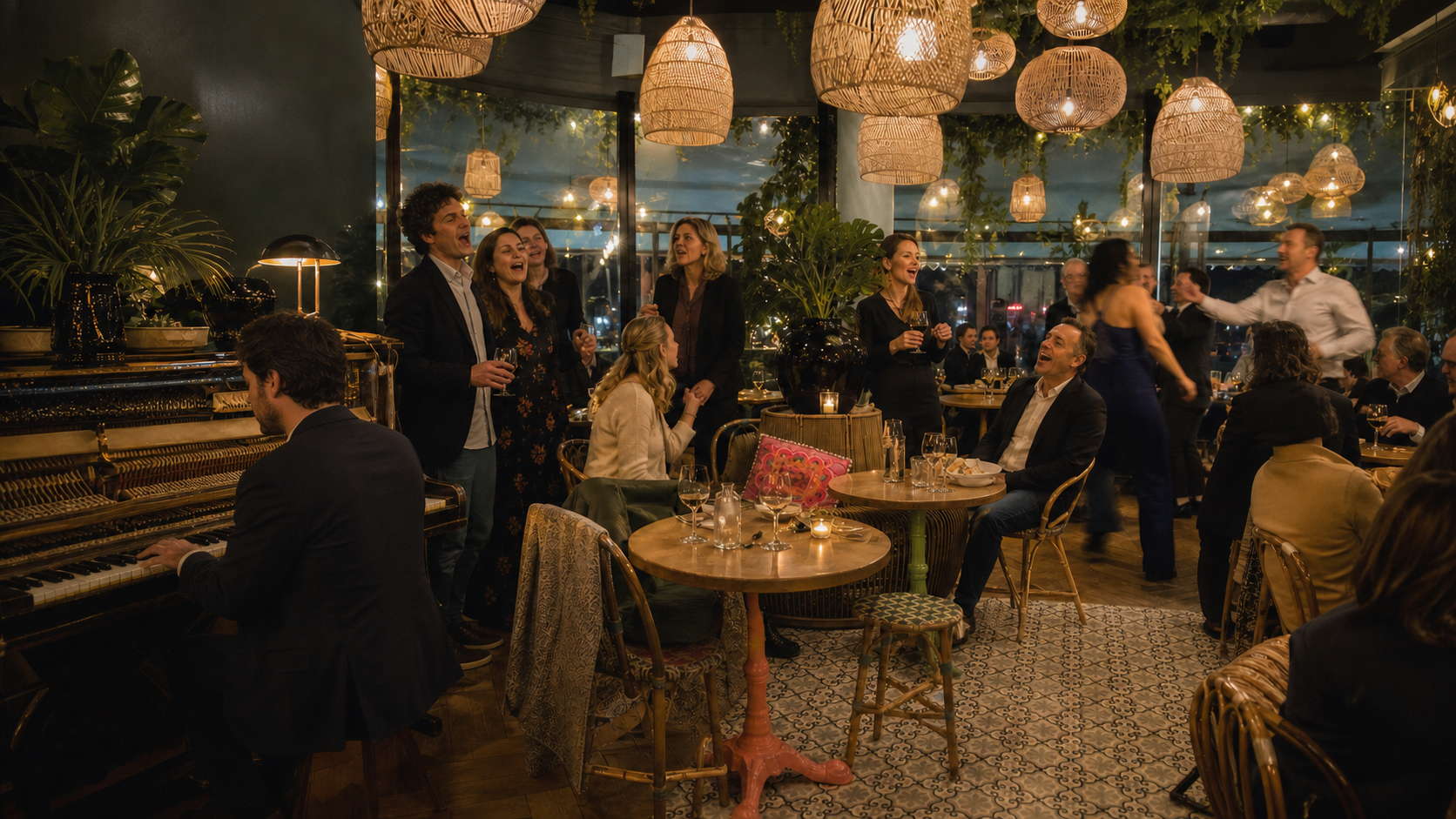 Une soirée piano festive à Loulou Boulogne avec un jeune pianiste, des convives et toute la salle du restaurant